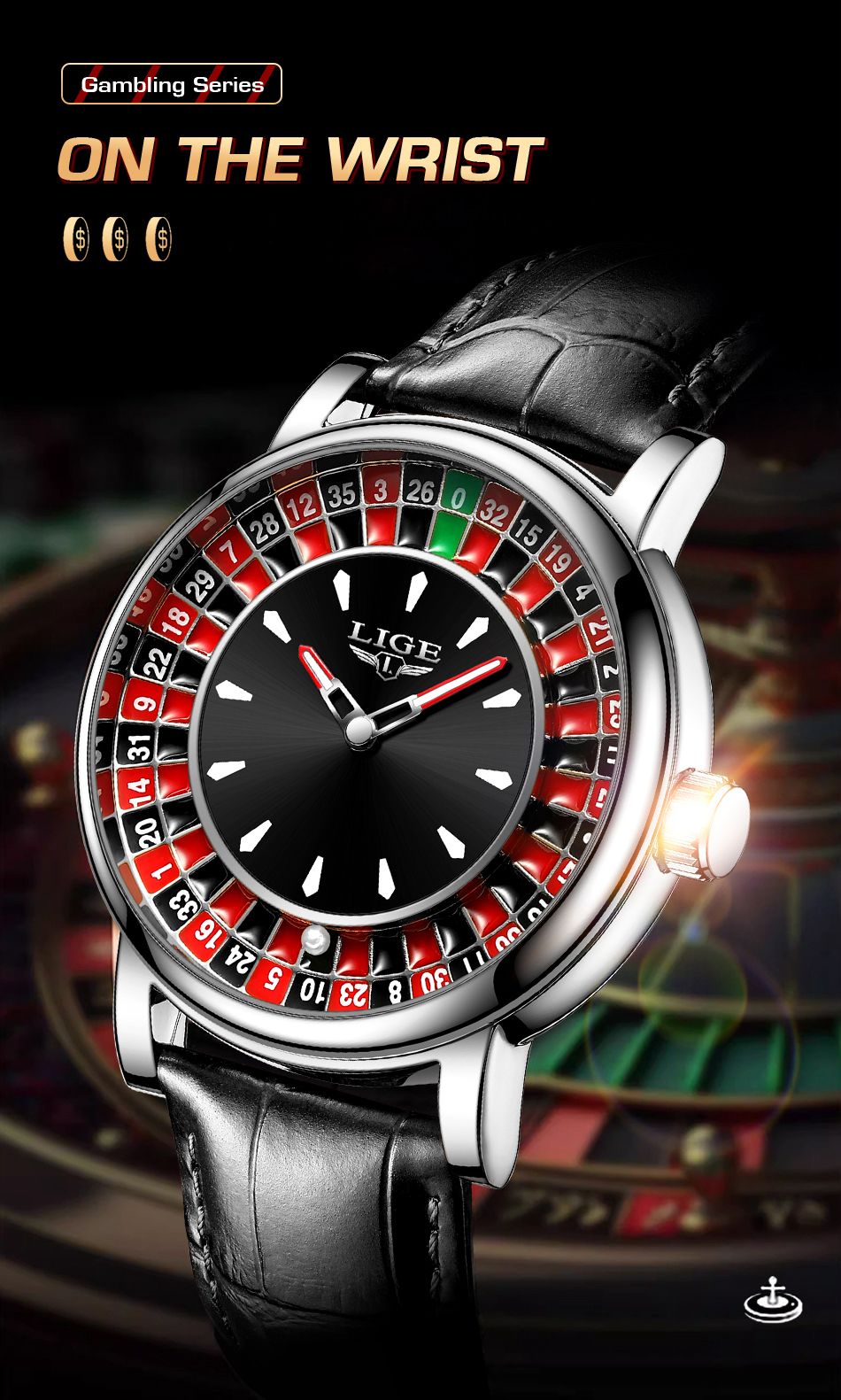 LIGE Luxury Roulette Wheel Quartz Watch